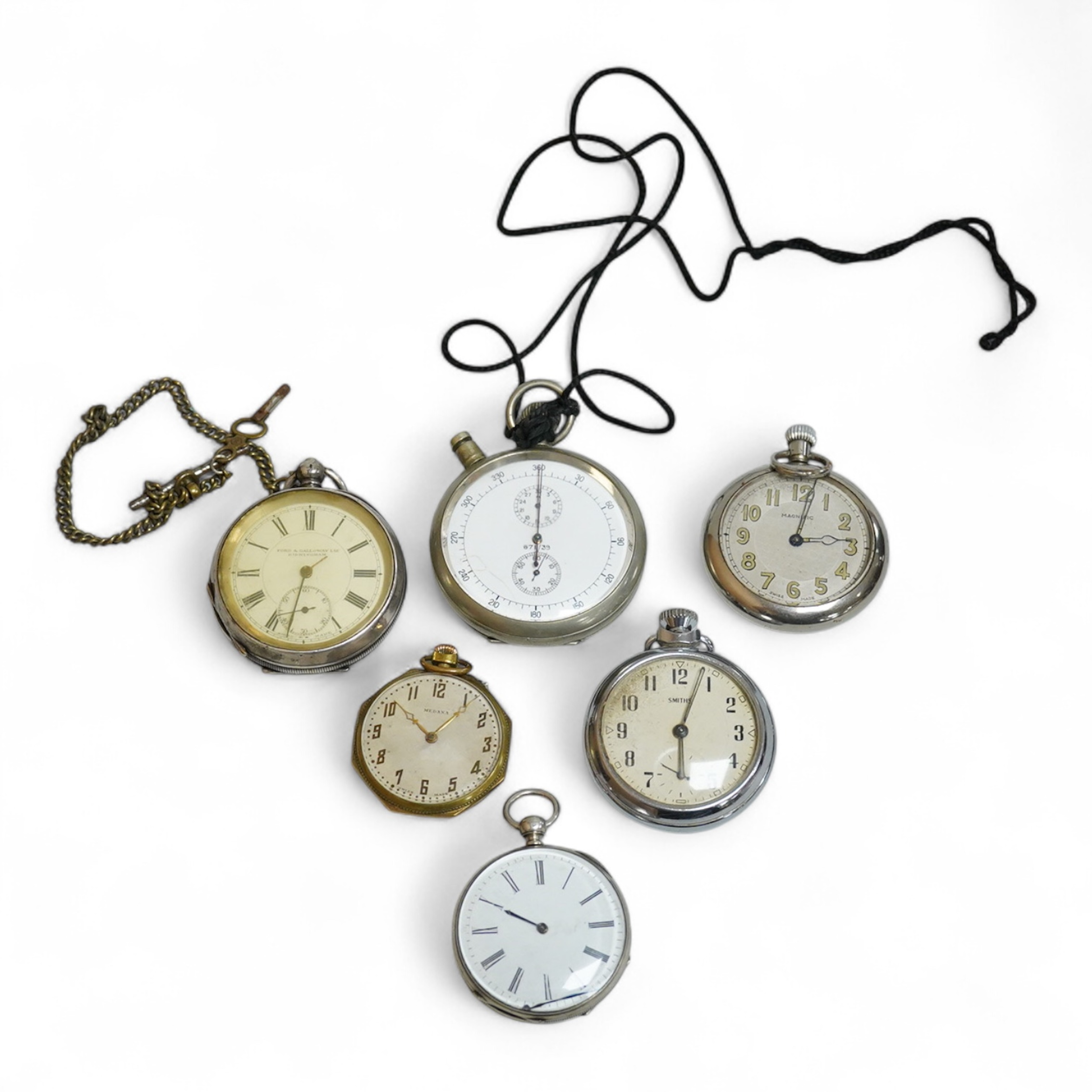 A late 1930's base metal cased Air Ministry spilt second stop watch, case diameter 60mm, together with a Swiss 935 standard open faced pocket watch, one other small white metal pocket watch and three base metal pocket wa